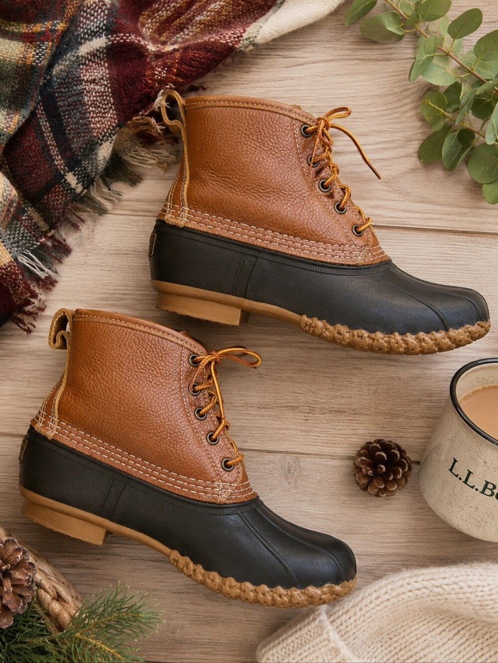L.L.Bean Shearling Lined Duck Boots Women’s Brown Leather Rubber Winter Boots 6